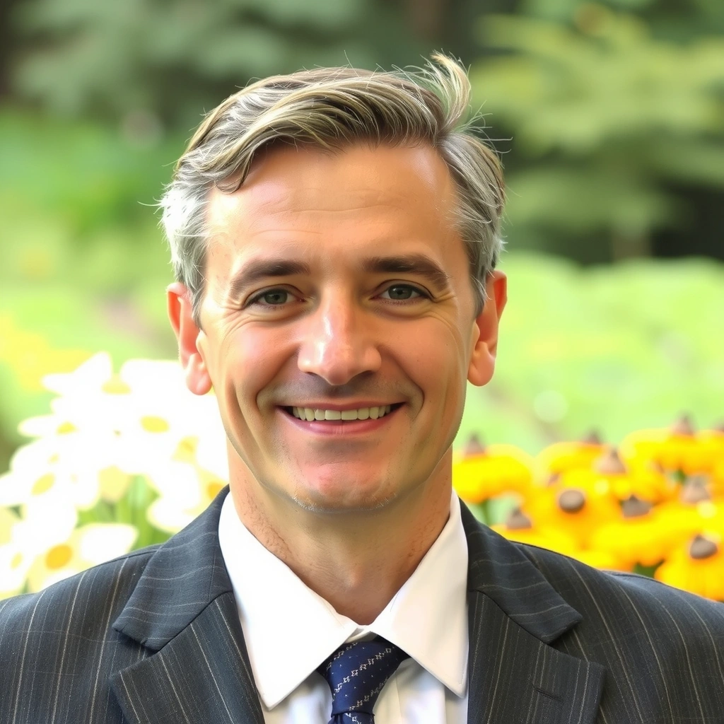 Professional, warm photo of a male founder with a confident yet approachable expression in a natural, outdoor setting.