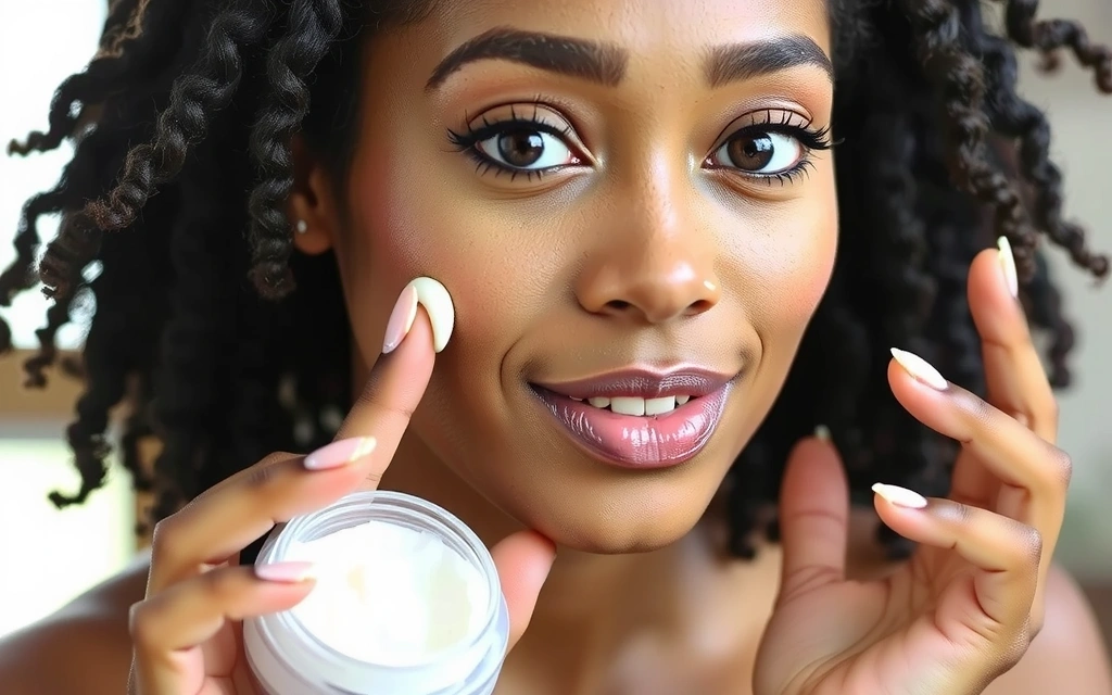 Woman applying a luxurious facial cream, showcasing a glowing complexion.