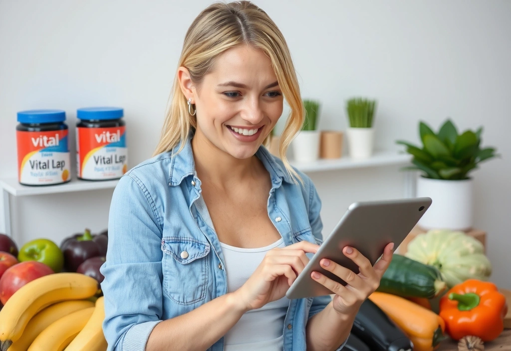 A person reviewing a shopping cart on a tablet, with vital supplements and healthy food items around them.