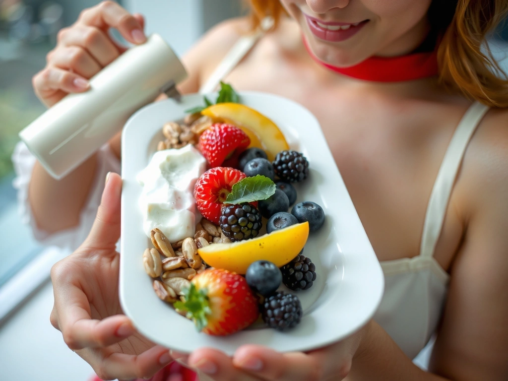 A person enjoying a healthy breakfast, rich in fruits and grains.